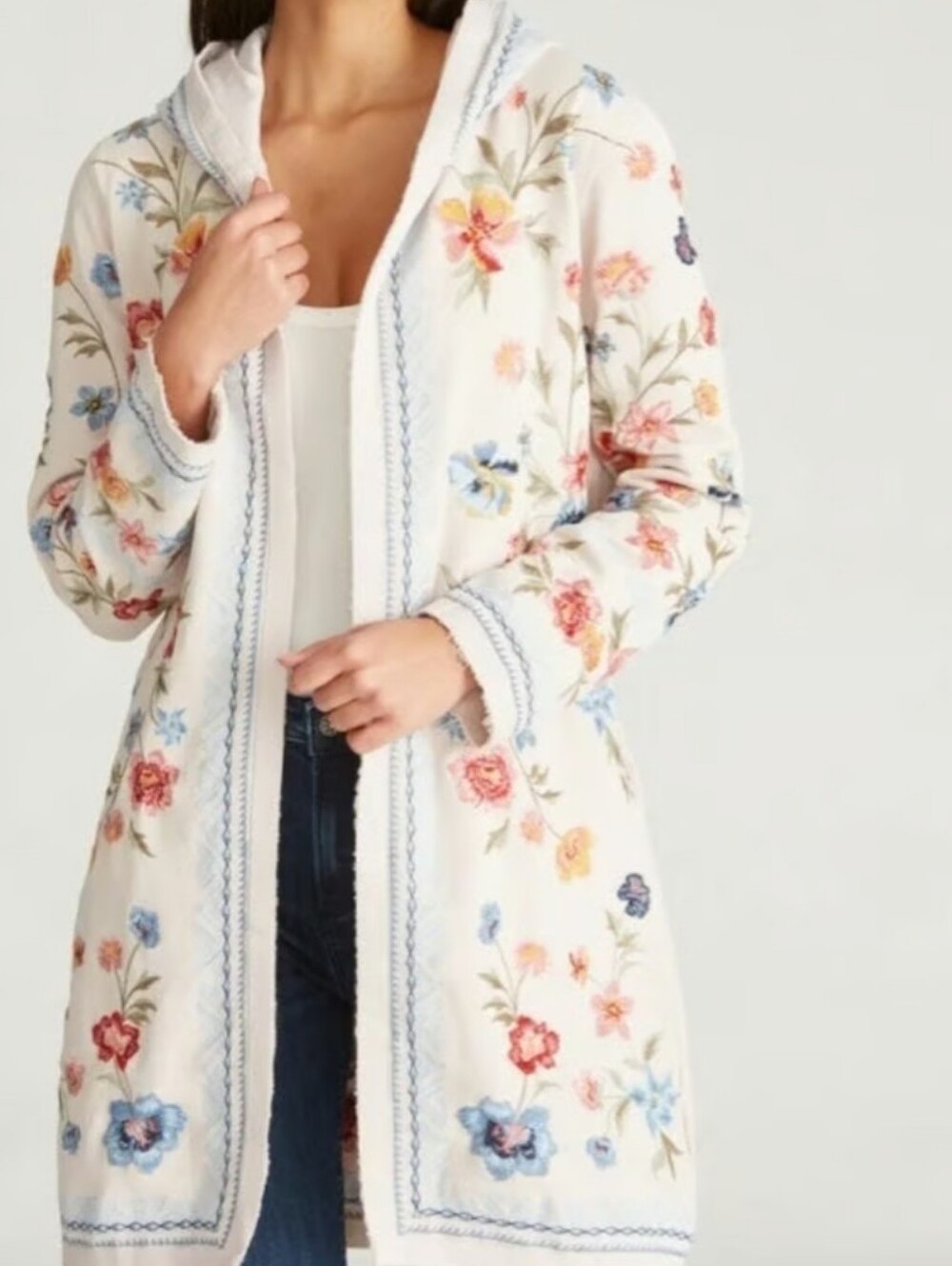 DiftwoodShelly Embroidered Cream Kimono Cardigan Sweater Large